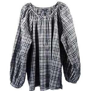 Chaps Women's Top Blouse Size XXL Blue Plaid Long Puff Raglan Sleeves Pullover